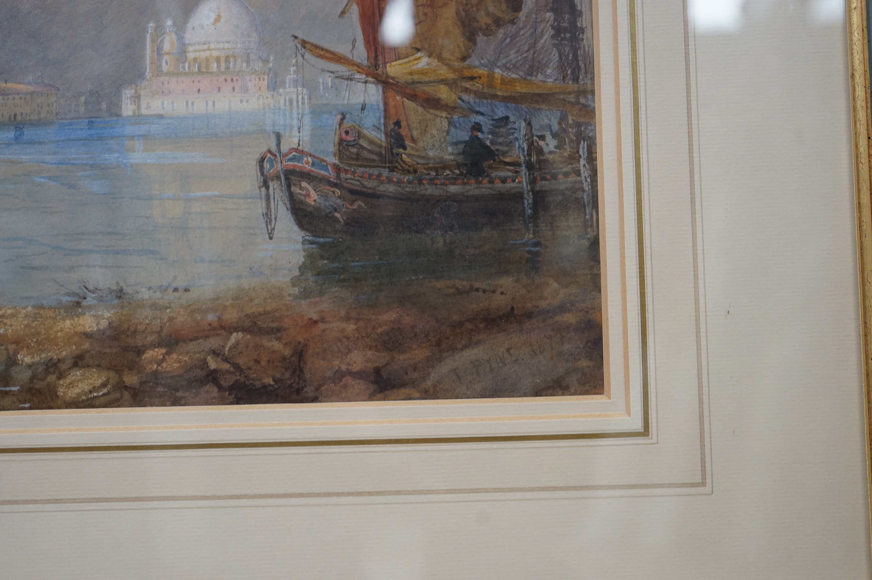 Thomas Pyne RI (1843-1935), heightened watercolour, View of Venice from the Lagoon, signed and dated 1877, 28 x 48cm